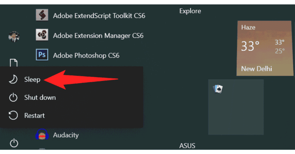 How to Put a Laptop in Sleep Mode on Windows Using the Start Menu